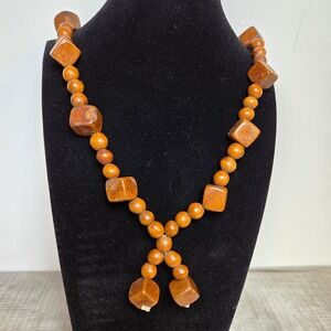 Vintage Natural Wooden Bead Necklace Long Boho Lariat Earth Tone Cube Beads